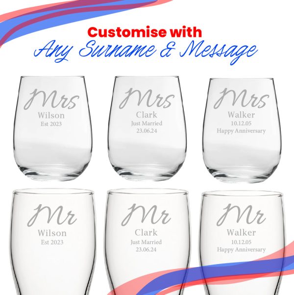 Engraved Mr and Mrs Beer and Stemless Wine Set, Elegant Font - Image 5