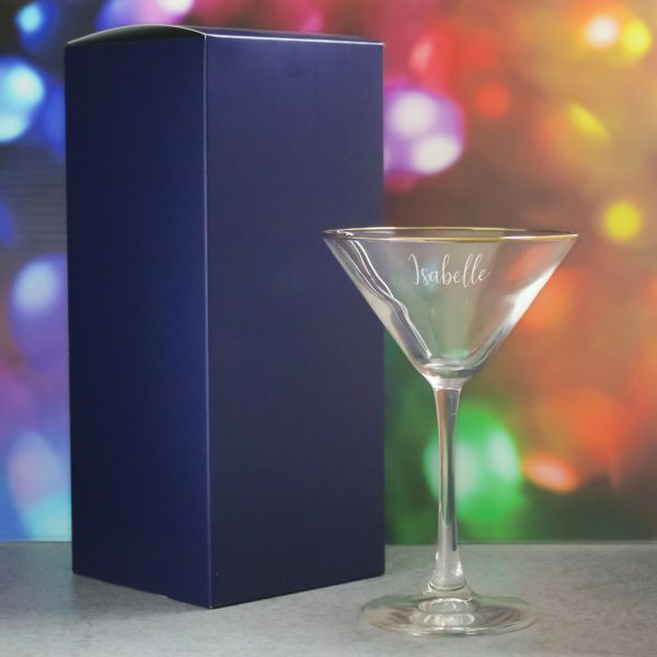 Engraved 7.5oz Gold Rim Martini Cocktail Glass with Script Name, Personalise with Any Name