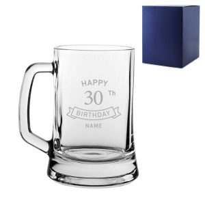 Engraved  Tankard Beer Mug Stein Happy 30th Birthday Banner Design Gift Boxed