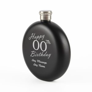 Engraved 5oz Round Black Hip Flask Happy Custom Number Birthday