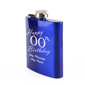 Engraved 6oz Blue Steel Hip Flask Happy Custom Number Birthday