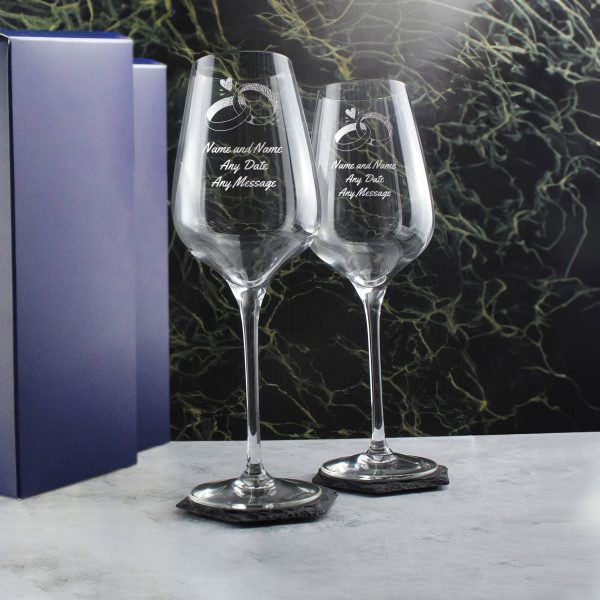 Engraved Set of Sublym Wine Glasses, Wedding Rings, 15.8oz/450ml