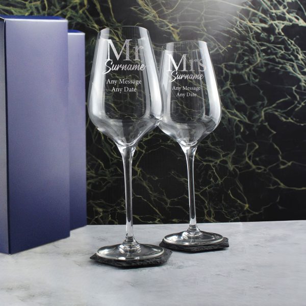 Engraved Mr and Mrs Sublym Wine Glasses, 15.8oz/450ml, Classic Font