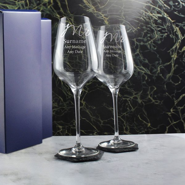 Engraved Mr and Mr Sublym Wine Glasses, 15.8oz/450ml, Elegant Font