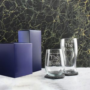 Engraved His and Hers Beer and Stemless Wine Set, The Actual Boss
