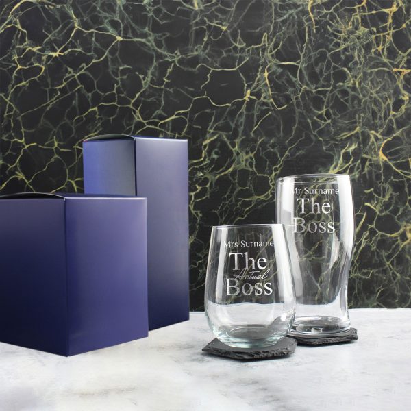 Engraved His and Hers Beer and Stemless Wine Set, The Actual Boss