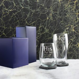 Engraved His and Hers Any Text Beer and Stemless Wine Glass Set