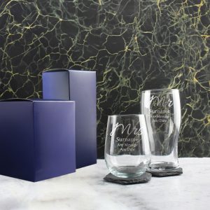 Engraved Mr and Mrs Beer and Stemless Wine Set, Elegant Font