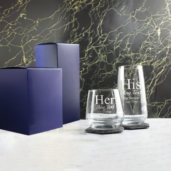 Engraved His and Hers Any Text Whisky and Cocktail Glass Set