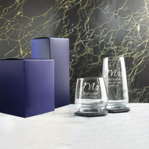 Engraved Mr and Mrs Whisky and Cocktail Set, Elegant Font
