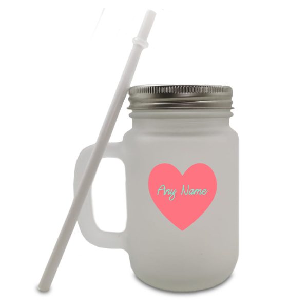 Colour Printed Frosted Mason Jar with Name in Heart Design - Image 2