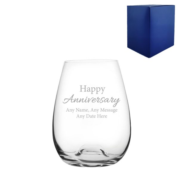 Engraved Happy Anniversary Stemless Wine Glass, Any Message, 15oz Bordeaux, Handwritten Design - Image 2