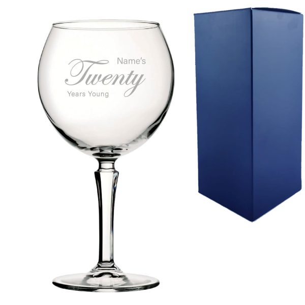 Engraved 20th Birthday Hudson Gin Glass, Years Young Curly Font - Image 3