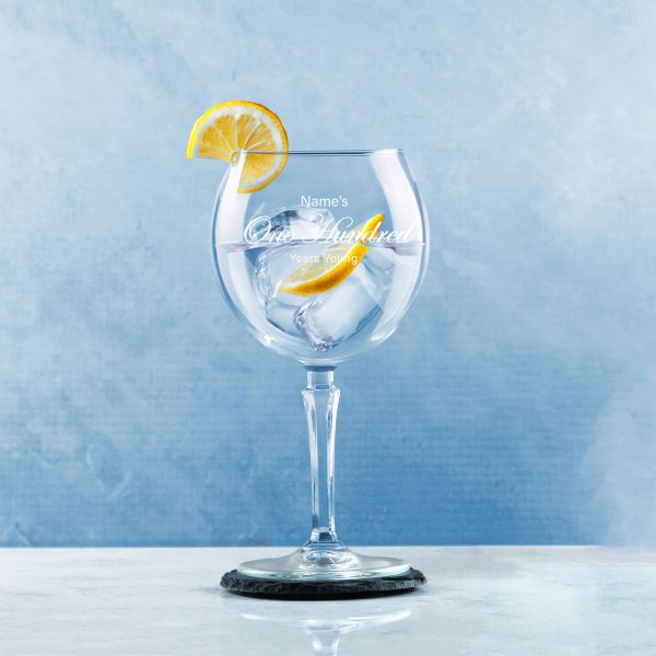 Engraved 100th Birthday Hudson Gin Glass, Years Young Curly Font - Image 4