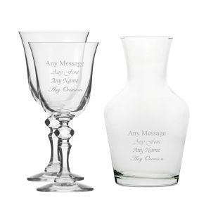 Personalised Engraved Set of 2 Crystal Jasmine Wine Glass and 500ml Vin Carafe Set