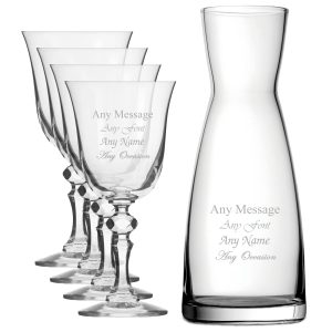 Personalised Engraved Set of 4 Crystal Jasmine Wine Glass and Contemporary Carafe Set