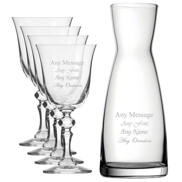 Personalised Engraved Set of 4 Crystal Jasmine Wine Glass and Contemporary Carafe Set