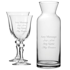 Personalised Engraved Set of 2 Crystal Jasmine Wine Glass and Village Carafe Set