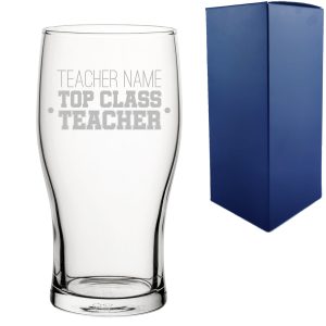 Engraved Teacher Gift Pint Glass with Top Class Teacher Design