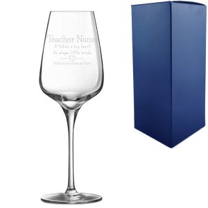 Engraved Teacher Wine Glass with A Big Heart shapes Little Minds Design