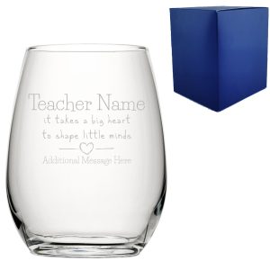 Engraved Teacher Stemless Wine Glass with A Big Heart shapes Little Minds Design