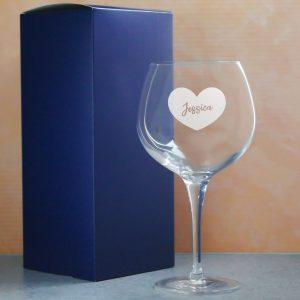 Engraved Primeur Gin Balloon Cocktail Glass with Name in Heart Design, Personalise with Any Name