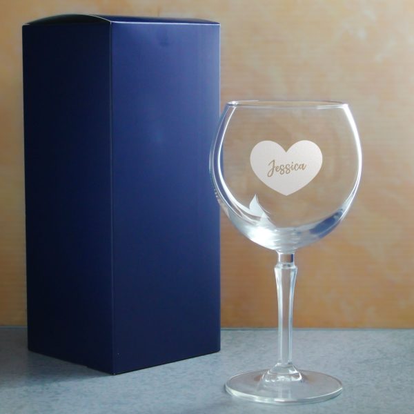 Engraved Hudson Gin Balloon Cocktail Glass with Name in Heart Design, Personalise with Any Name