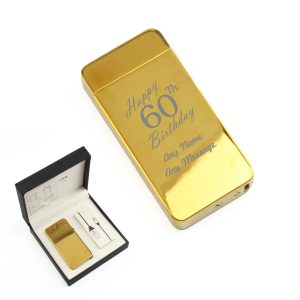 Engraved Electric Arc Lighter, Gold, Happy 60th Birthday, Gift Boxed