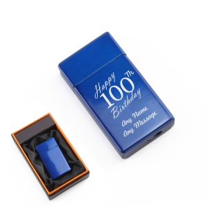 Engraved Jet Gas Lighter Blue Happy 100th Birthday Gift Boxed