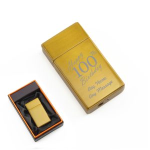 Engraved Jet Gas Lighter Gold Happy 100th Birthday Gift Boxed