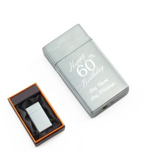 Engraved Jet Gas Lighter Silver Happy 60th Birthday Gift Boxed