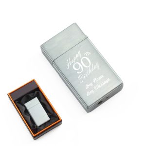 Engraved Jet Gas Lighter Silver Happy 90th Birthday Gift Boxed