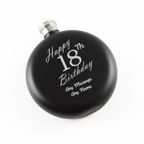 Engraved 5oz Round Black Hip Flask Happy 18th Birthday