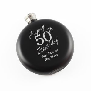 Engraved 5oz Round Black Hip Flask Happy 50th Birthday