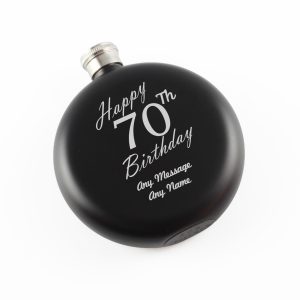 Engraved 5oz Round Black Hip Flask Happy 70th Birthday