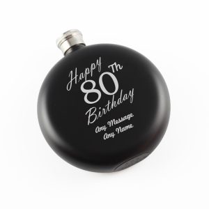 Engraved 5oz Round Black Hip Flask Happy 80th Birthday