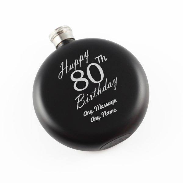 Engraved 5oz Round Black Hip Flask Happy 80th Birthday