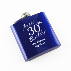 Engraved 6oz Blue Steel Hip Flask Happy 30th Birthday