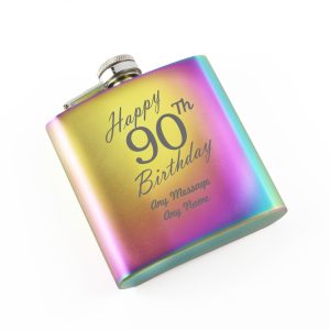 Engraved 6oz Rainbow Steel Hip Flask Happy 90th Birthday