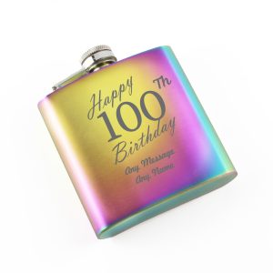 Engraved 6oz Rainbow Steel Hip Flask Happy 100th Birthday