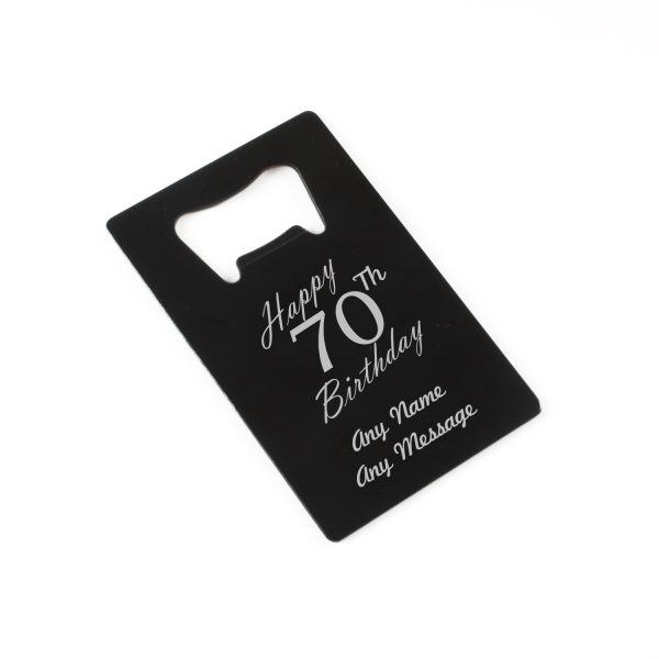 Engraved Portable Wallet Card Bottle Opener Black Happy 70th Birthday