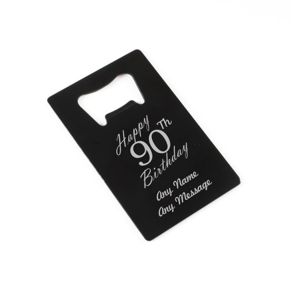 Engraved Portable Wallet Card Bottle Opener Black Happy 90th Birthday