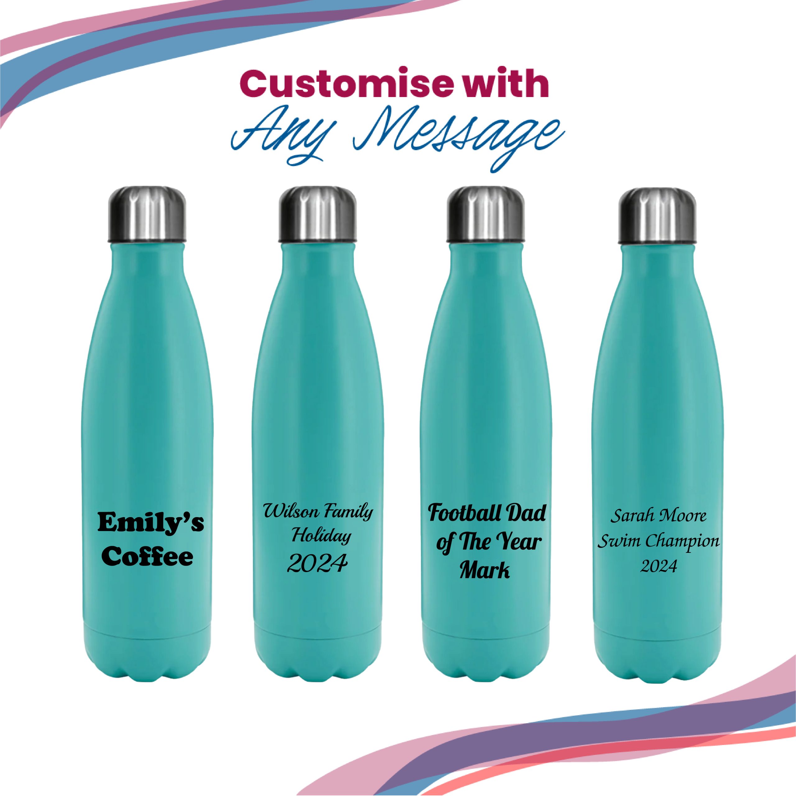 Printed Teal Thermal Bottle, Any Message, Stainless Steel 500ml/17oz - Image 5