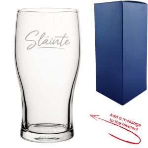Engraved Pint Glass with Slainte Script Design, Add a Personalised Message to the Reverse
