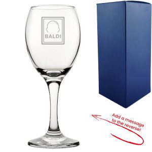 Engraved Wine Glass with Baldi Design, Add a Personalised Message to the Reverse
