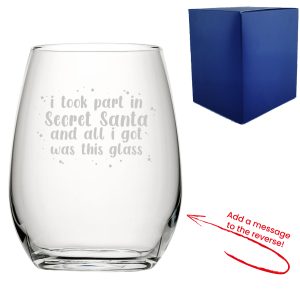 Engraved Stemless Wine Glass with Secret Santa Dotted Design, Add Message to Reverse