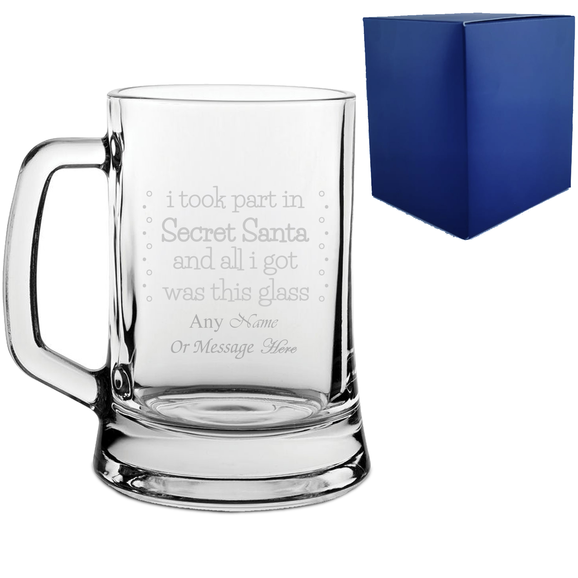 Engraved Beer Mug with Secret Santa Serif Design, Add Message Underneath