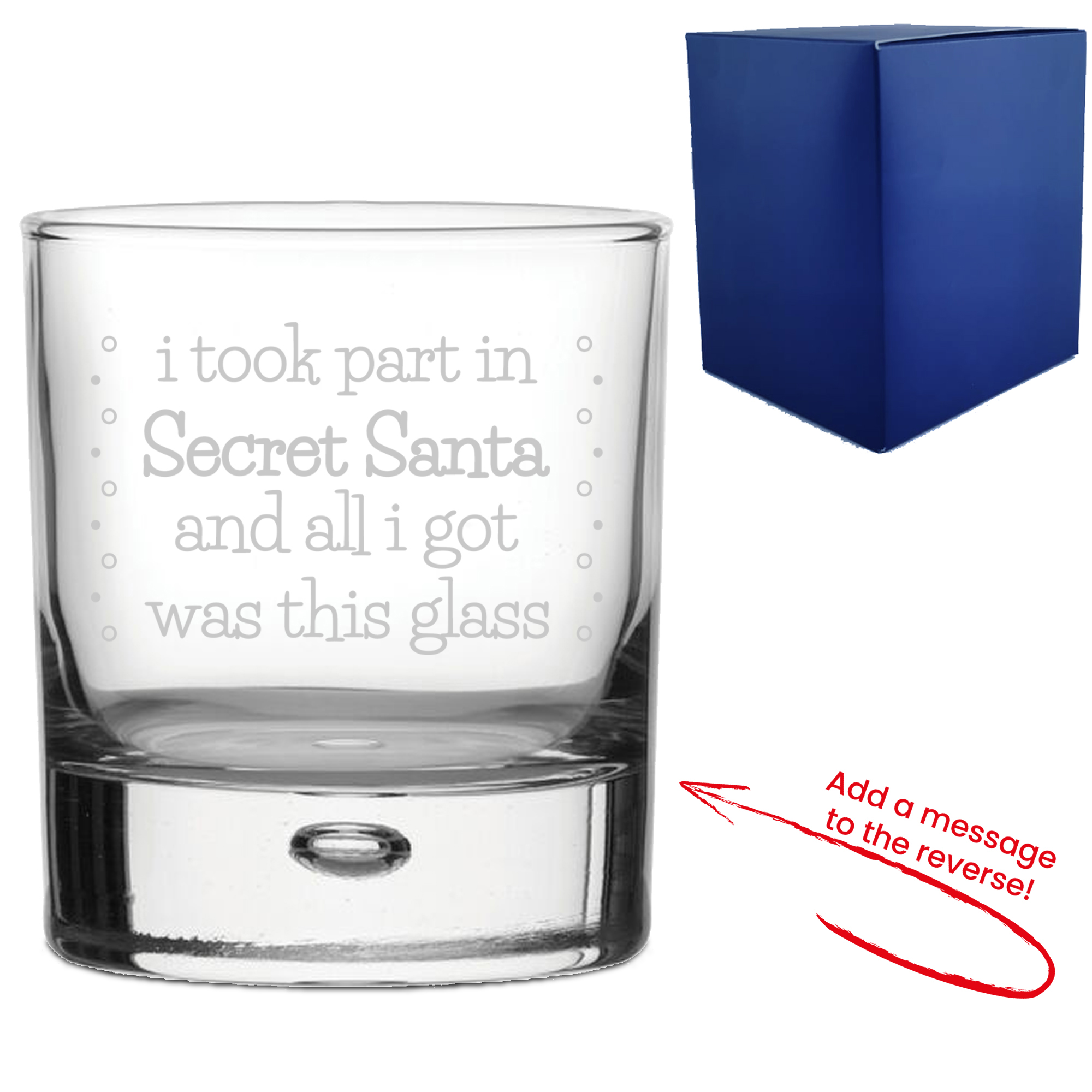 Engraved Whisky Glass with Secret Santa Serif Design, Add Message to Reverse