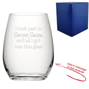 Engraved Stemless Wine Glass with Secret Santa Serif Design, Add Message to Reverse