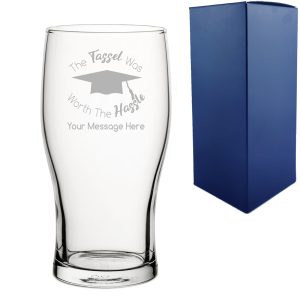 Personalised Engraved Graduation Pint Glass with 'The Tassel was worth the Hassle' Design, Personalise with Any Name or Message